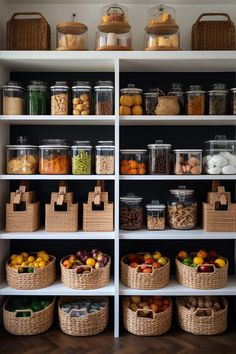 an organized pantry filled with lots of different types of fruits and vegtables