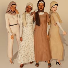 four women in long dresses and headscarves pose for the camera