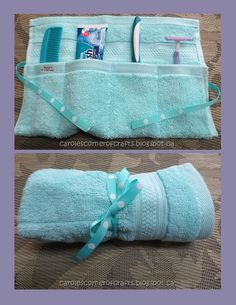 two pictures of towels with toothbrushes in them and one has a blue bow