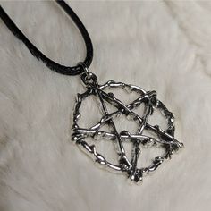 Silver Witch Pentagram Star Stick Charm Rope Necklace. Charms Are Approximately 25x28mm. Comes On A 17.5 Inch Black Rope Cord With A Lobster Clasp And 1.5 Inch Extension Chain. Grunge Star-shaped Jewelry Gift, Gothic Black Star Necklace, Black Gothic Star Necklace, Witch Pentagram, Industrial Necklace, Rock Crystal Necklace, Melinda Maria Jewelry, Hand Painted Pendant, Smoky Quartz Necklace