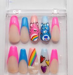 Care Bears Inspired Coffin Press On Nails Hand Painted  Nails are made to Order to be customized to your Nails. Gems are secured with strong adhesive. Nails are ACRYLIC made which will last long, not bend or break! Please refer to the chart to measure your nail size. If you're not sure please purchase our sizing kit. Please include your sizes when placing your order. Nails are available in different  shapes Care Bear Nails, Nails Gems, Bear Nails, Hand Painted Nails, Nails Hand Painted, Bears Nails, Nail Prices, Painted Nails, Coffin Press On Nails