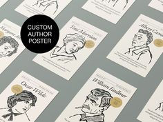 several books with black and white illustrations on them, one is titled custom author poster