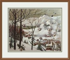 a painting of a snowy landscape with houses and trees