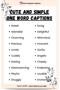 Cute and Simple Instagram Captions Minimalist Captions For Instagram, Caption For Simple Picture, One Word Aesthetic Caption, Simple One Word Captions, Simplicity Captions For Instagram, One Word Self Love Caption, One Word Captions For Instagram, Word Captions For Instagram, One Word Captions