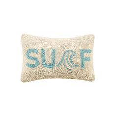 a white pillow with blue lettering that says suce on the front and back of it