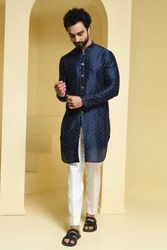 Shop for KUSTOMEYES Blue Silk Sequin Embroidered Kurta And Pant Set for Men Online at Aza Fashions Traditional Festive Sets With Button Closure, Festive Fitted Sets With Buttons, Fitted Kurta With Set-in Sleeves For Festive Occasions, Festive Fitted Kurta With Buttons, Traditional Long Sleeve Sets With Button Closure, Festive Traditional Kurta With Button Closure, Festive Kurta With Button Cuffs, Festive Fitted Kurta With Set-in Sleeves, Fitted Festive Kurta With Buttons