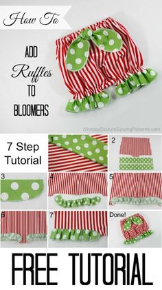 the instructions for how to make an adorable ruffled diaper with polka dots and stripes