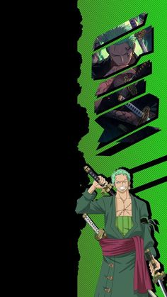 an anime character holding two swords in front of a green background with the words one piece written on it