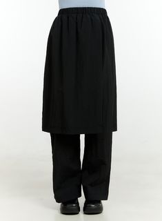 wrap-midi-skirt-with-pants-ol430 / Black Black Trousers For Daywear, High Waist Black Bottoms For Daywear, Black School Uniform Bottoms For Spring, Black Cotton School Uniform Bottoms, Black Pants With Pockets For Daywear, Black School Uniform Bottoms, Black Casual Pants With Pockets, Spring School Uniform Cotton Bottoms, Black Stretch Bottoms For School