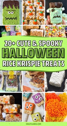 20 cute and spooky halloween rice krispie treats with text overlay that says,