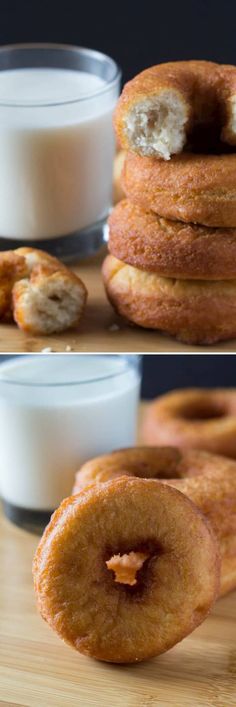 two pictures of doughnuts stacked on top of each other next to a glass of milk