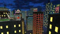 an animated cityscape at night with skyscrapers lit up and buildings in the background