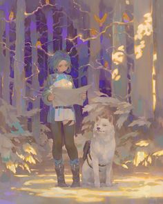 a painting of a girl and her dog in the woods with fairy lights behind them