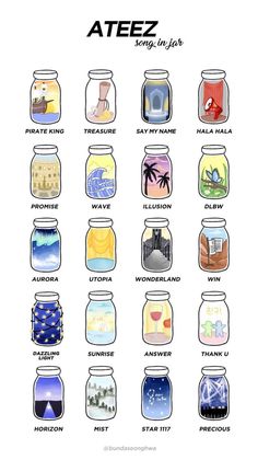 an image of some jars with different things in them and the words ateez on it