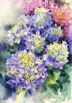 a watercolor painting of purple and yellow flowers