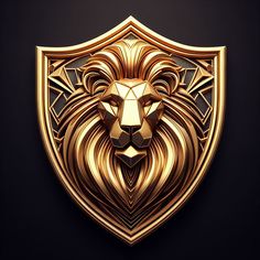 a golden lion's head in the center of a shield on a black background