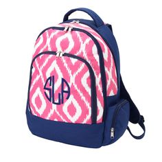 Monogrammed Girls Pink Ikat Diamond Backpack Mint Backpack, Monogram Backpack, Back To School Backpacks, Personalized Backpack, Pink Monogram, Patterned Backpack, Leather Luggage Tags, Lunch Tote, Pink Backpack