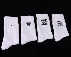 Custom Funny Socks,White & Letters Fashion Cotton Socks-US Size 6-10.5Materials: 60% CottonSock Size:Approx. US 6-10.5Visit our Store for our full collection: https://www.etsy.com/shop/5W1HStudioThis purchase is for the shoe laces only, the shoes are NOT included!PLEASE NOTE :Color may vary slightly due to different monitors or screens, light conditions.The size is measured by hands, please allow minor error of measurement.If you have any question,please contact me. White Cotton Socks For Gifts, White Cotton Socks As A Gift, White Cotton Socks As Gift, Comfortable White Socks With Letter Print, Socks Aesthetic, Pilates Socks, Sock Outfits, Nike Socks, Funny Socks