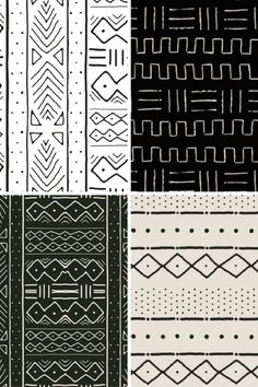 four different patterns in black and white, each with an abstract design on the side