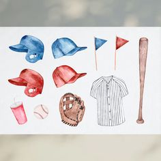 a watercolor drawing of baseball equipment and hats