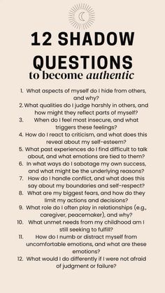 a poster with the words, 12 shadow questions to become an authentic person and what do they