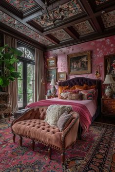 the bedroom is decorated in pink and gold