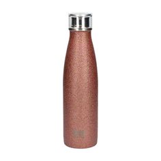 thermos bottle in pink glitter with stainless steel lid and silver spouting