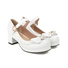 LBSFY - Lolita Girls Block Heels Mary Janes Lolita Shoes Japanese Style Mixed Color Sweet Bow Pearls Princess Buckle Strap Pumps Size 45 White Closed Toe Mary Janes For Party, White Round Toe Mary Janes For Party, Party White Round Toe Mary Janes, White High Heel Mary Janes With Heel Strap, Casual Pumps, Strap Pumps, Girls Sweet, Mary Jane Heels, Harajuku Fashion