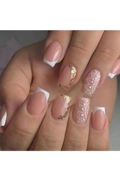 French Tip Press on Nails Short Square Fake Nails Glossy Glue on Nails White Nail Tip Acrylic Nails Full Cover False Nails with Flower &amp; Gold Glitter Design Stick on Nails for Women and Girls 24Pcs Short Fake Nails, Nagel Tips, Nail Type, Flower Nail Designs, Square Head, False Nail