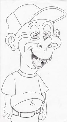 a drawing of a monkey with a hat on it's head, smiling and wearing a t - shirt