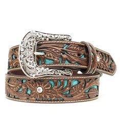 Ariat, Ladies Turquoise Inlay Floral Bling Belt, A1513402 Ariat Belts, Turquoise Jewelry Outfit, Country Belts, Cowgirl Belts, Turquoise Belt, Bling Belts, Tooled Leather Belts, Looks Country, Western Accessories