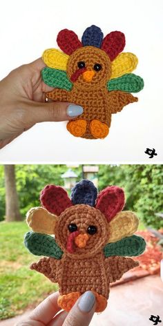 A person is holding a crocheted turkey applique. Fall Crochet Patterns Free, Turkey Decorations, Thanksgiving Crochet Patterns, Crochet Thanksgiving, Crochet Turkey, Thanksgiving Is Coming, Turkey Applique