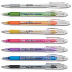 six different colored pens lined up in the same row, each with an eraser