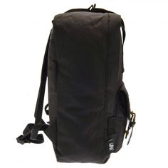 a black backpack is shown against a white background with the strap down to it's front pocket