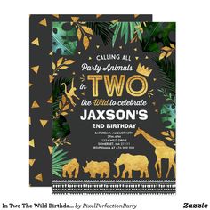 two giraffes and an elephant are in the jungle birthday party with gold foil on