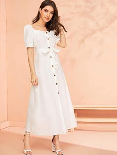 Square Neckline Dress, Lawyer Fashion, Cotton Kurti Designs, White Maxi Dress, Tie Waist Dress, Flounced Dress, Dress Indian Style, Maxi Shirt Dress, Dress Out