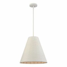 a white lamp hanging from the ceiling with a light fixture on it's side