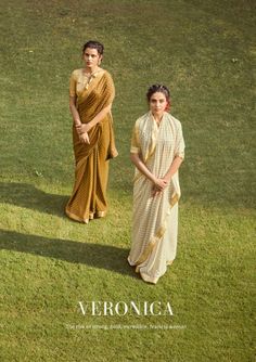 two women in sari standing next to each other on green grass with the caption'veronicaa '