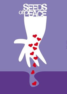 seeds of peace poster with hand and hearts falling out of the palm, on purple background