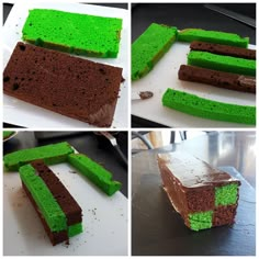 there are four different pictures of green cake on the table and one is half eaten