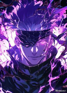 an anime character with purple hair and black eyes, standing in front of lightnings