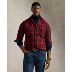 In double-faced cotton this Big & Tall shirt features a contrasting plaid interior that’s visible when the sleeves are rolled up. Plaid Cotton Top With Spread Collar, Ralph Lauren Cotton Winter Tops, Ralph Lauren Collared Tops For Fall, Ralph Lauren Collared Fall Tops, Ralph Lauren Plaid Cotton Top, Classic Ralph Lauren Plaid Shirt, Ralph Lauren Casual Fall Shirt, Ralph Lauren Collared Plaid Tops, Ralph Lauren Plaid Collared Tops