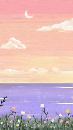 a painting of the ocean with flowers in front of it and a pink sky above