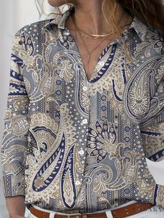 Lasaky - Boho-inspired Womens Paisley Print Button Front Shirt with Long Sleeves and Collared Design Collar Shirts Women, Estilo Boho, Button Front Shirt, Free Clothes, Collar Shirts, Paisley Print, Collar Styles, Color Design, Color Mixing