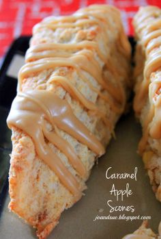 an apple scones with caramel drizzle on top