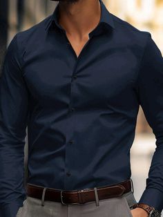 Navy Blue Casual Collar Long Sleeve Fabric Plain Shirt Embellished Slight Stretch  Men Clothing Navy Blue Dress Shirt Outfit Men, Navy Shirt Outfit Men, Blue Shirt Outfit Men, Dark Navy Blue Suit, Navy Blue Suit Men, Blue Outfit Men, Blue Colour Shirt, Mens Business Casual, Navy Blue Dress Shirt