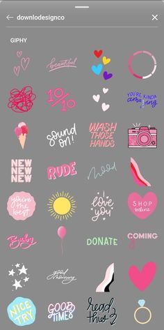 an iphone screen with various stickers on it, including the words love and other things