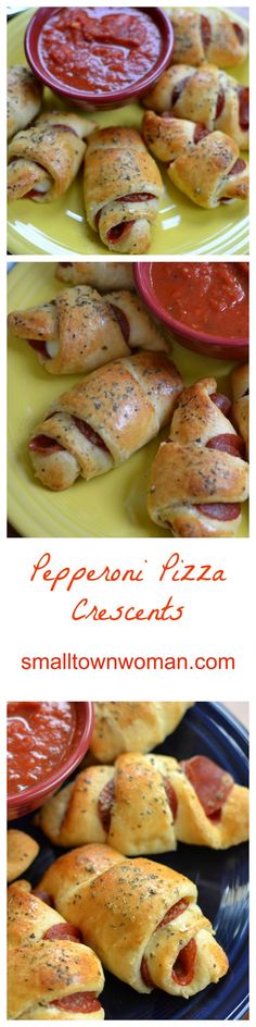 two plates with different types of pastries on them and the words pepperoni pizza crescents