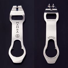 two different views of a bottle opener with the word mamba on it's side