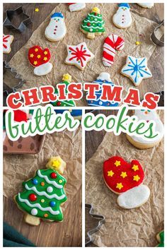 christmas butter cookies are decorated with royal icing and holiday decorations, along with the words'christmas butter cookies '